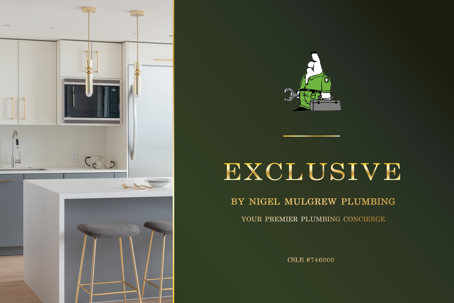 Exclusive by Nigel Mulgrew Plumbing premier concierge service branding next to a modern luxury kitchen with high-end gold fixtures.